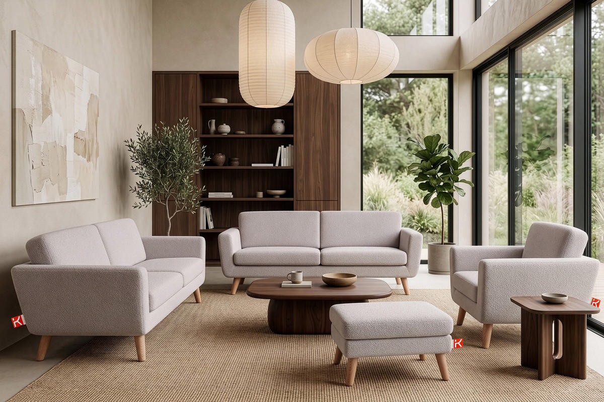 SOFA TAGIO mit Armlehnen, Hellgrau - Hellgrau/Braun, Buchenholz/Textil (153/80/84cm) - KONSIMO®