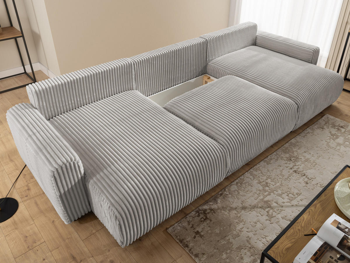 WOHNLANDSCHAFT Calma mit Schlaffunktion und Bettkasten im Bumpy-Design aus weichem Taupe Plüschcord - Taupe/Beige, Holz/Textil (336/88/140cm) - S-Style
