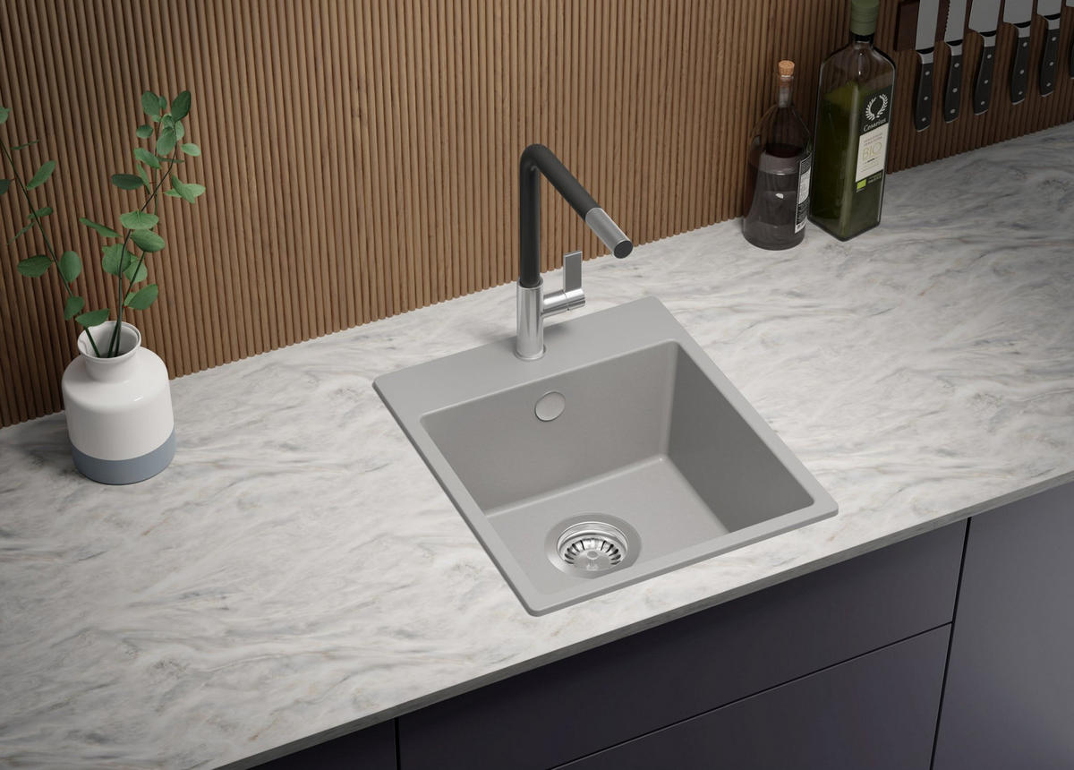 GRANITSPÜLE Riga Easy, 2-er set Grau 38/44 cm 1 Becken + Küchenarmatur 38/14 cm + Ablauf-Set ab 40er Unterschrank - Grau, Kunststoff (38/19/44cm) - Primagran