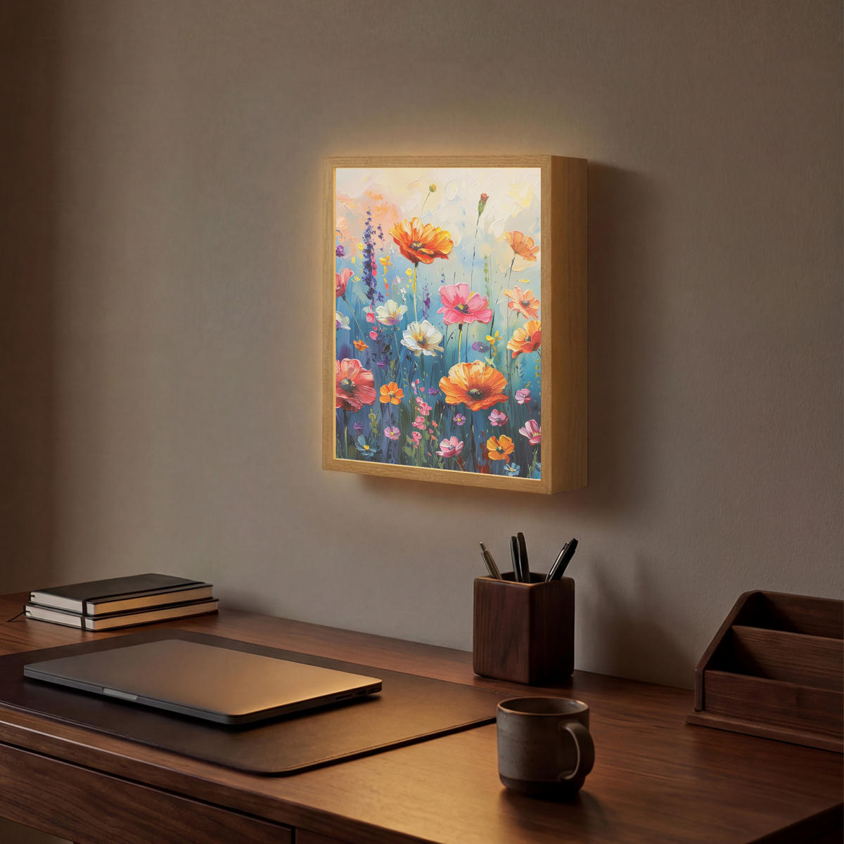 NÁSTĚNNÁ LAMPA S AKUMULÁTOREM Květiny - Příroda - Akvarel - Umění 30x40 cm - různobarevná, kompozitní dřevo (30/40/8cm) - OnlyWow