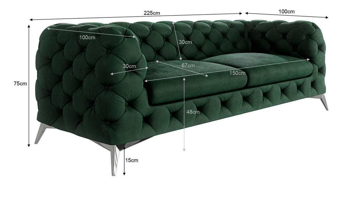 CHESTERFIELD-SOFA 3-Sitzer Laura Flasche Grün Samt - Smaragdgrün/Silberfarben, Holz/Textil (225/75/100cm) - S-Style Möbel
