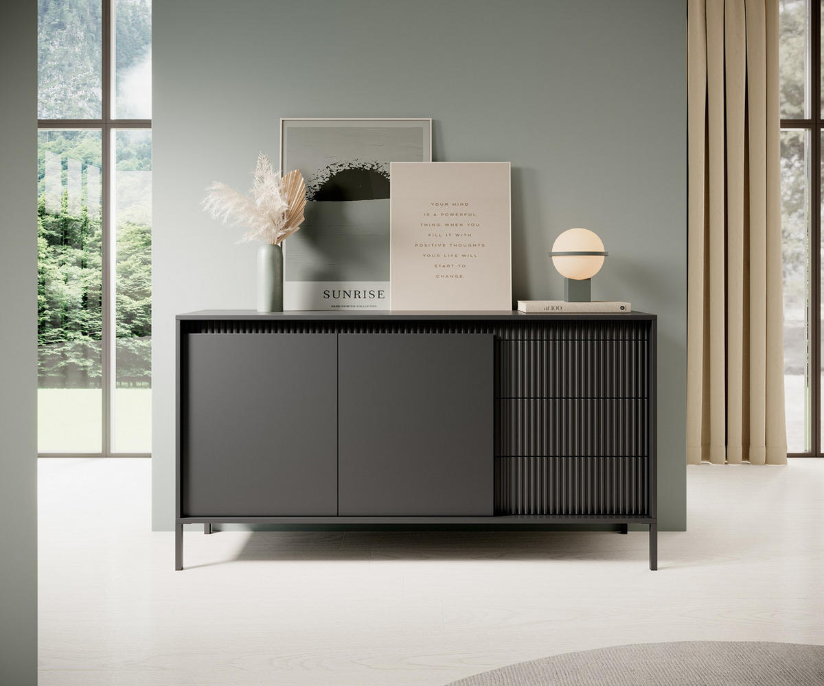 KOMMODE Schwarz 153 2D3S ENSO Gerillt - Schwarz, Holzwerkstoff (153.5/81.4/39.5cm) - Sepro Meble