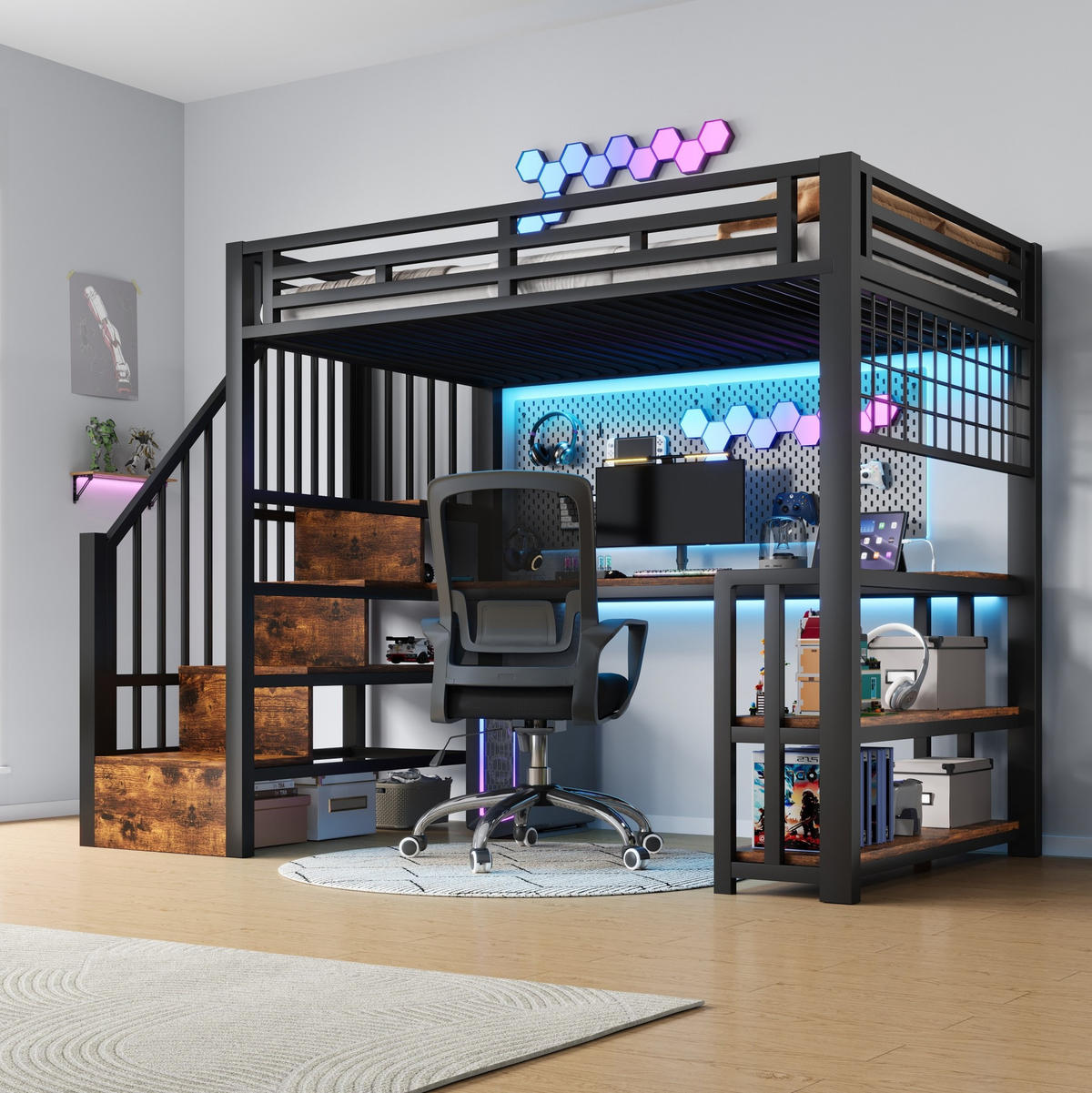 HOCHBETT 90/200 cm Schwarz aus Metall mit Schreibtisch - Schwarz, Metall (90/200cm) - OKMYHOME