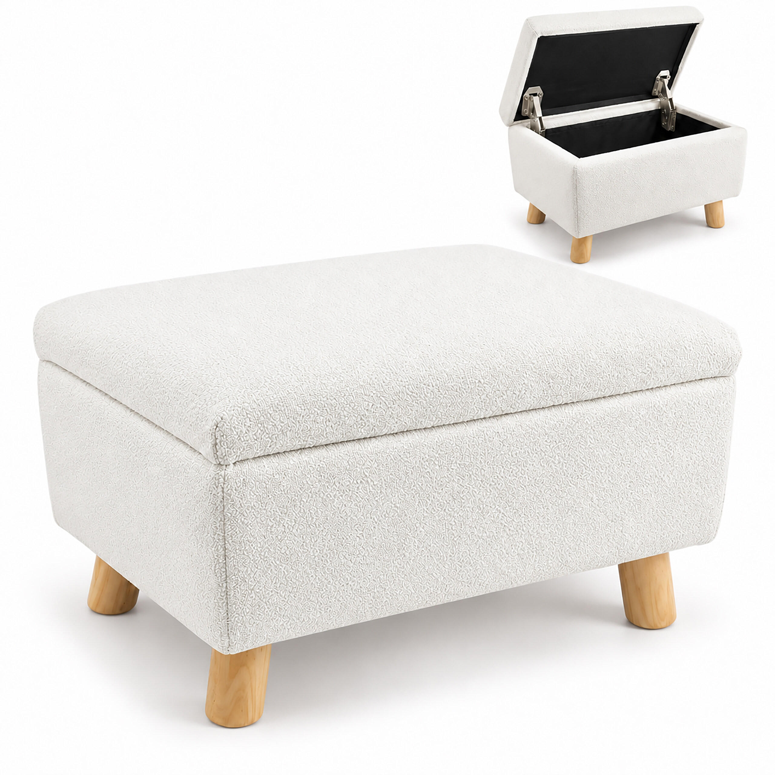 TABURE Bela s prostorom za shranjevanje lesene noge 40 cm - bela, umetna masa/tekstil (40/28/30cm) - Relaxdays