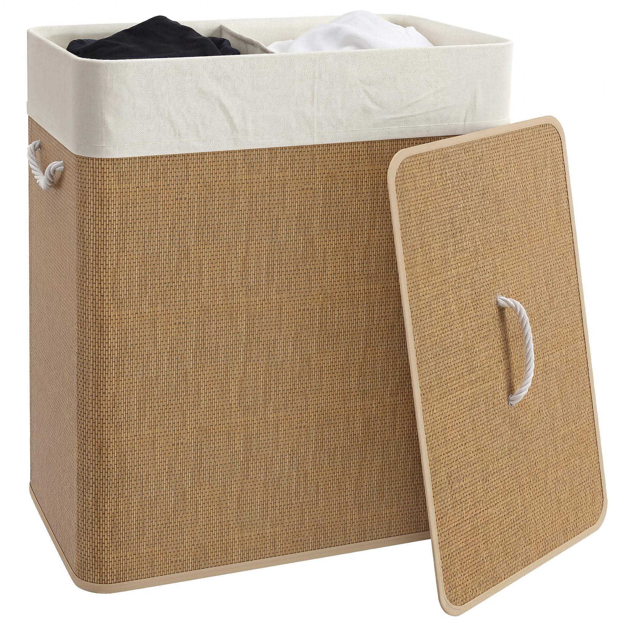 WÄSCHEKORB DE-18811 2 Fächer, 100L mit Deckel & Seilgriffen Natur - Braun, Naturmaterialien (52/63/32cm) - ComfortXL
