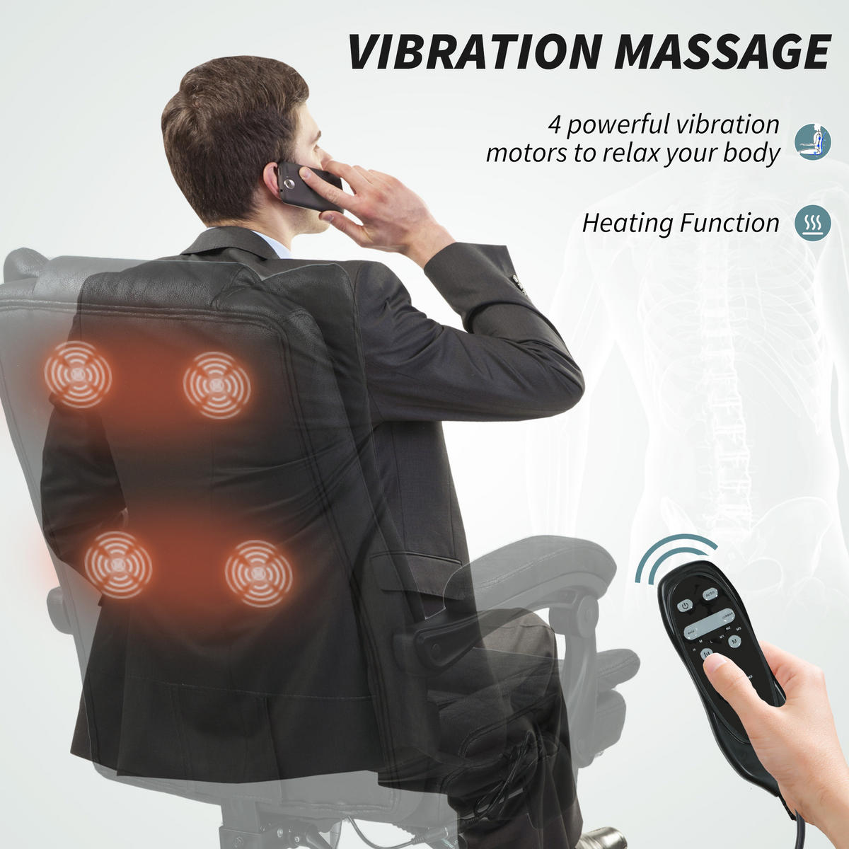 MASSAGE-BÜROSTUHL, Schreibtischstuhl mit Heizfunktion, Fußstütze, Schwarz - Schwarz, Kunststoff (70/118/64cm) - Vinsetto