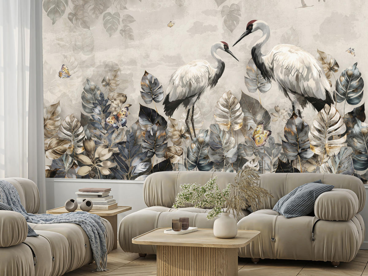 FOTOTAPETE für Wohnzimmer Kraniche Abstrakten Blättern Retro Natur 350x256 - Grau, Papier (350/256cm) - Muralo