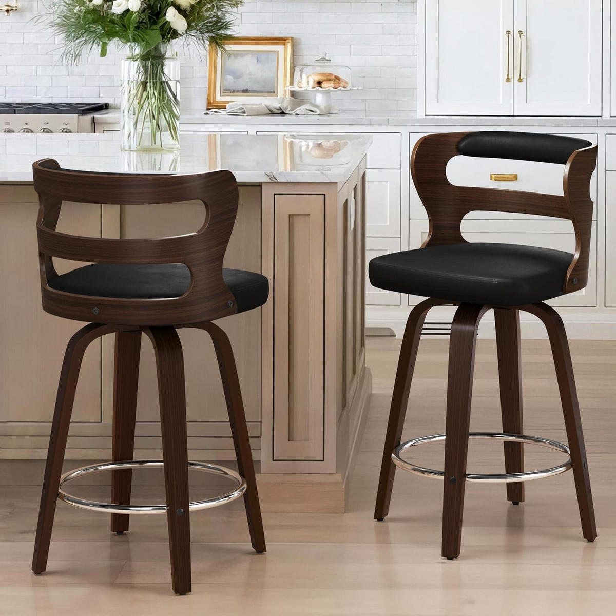 BARHOCKER 2er Set mit Lehne und Armlehnen 66 cm Schwarz/Walnuss - Schwarz, Holzwerkstoff (46/94/54cm)