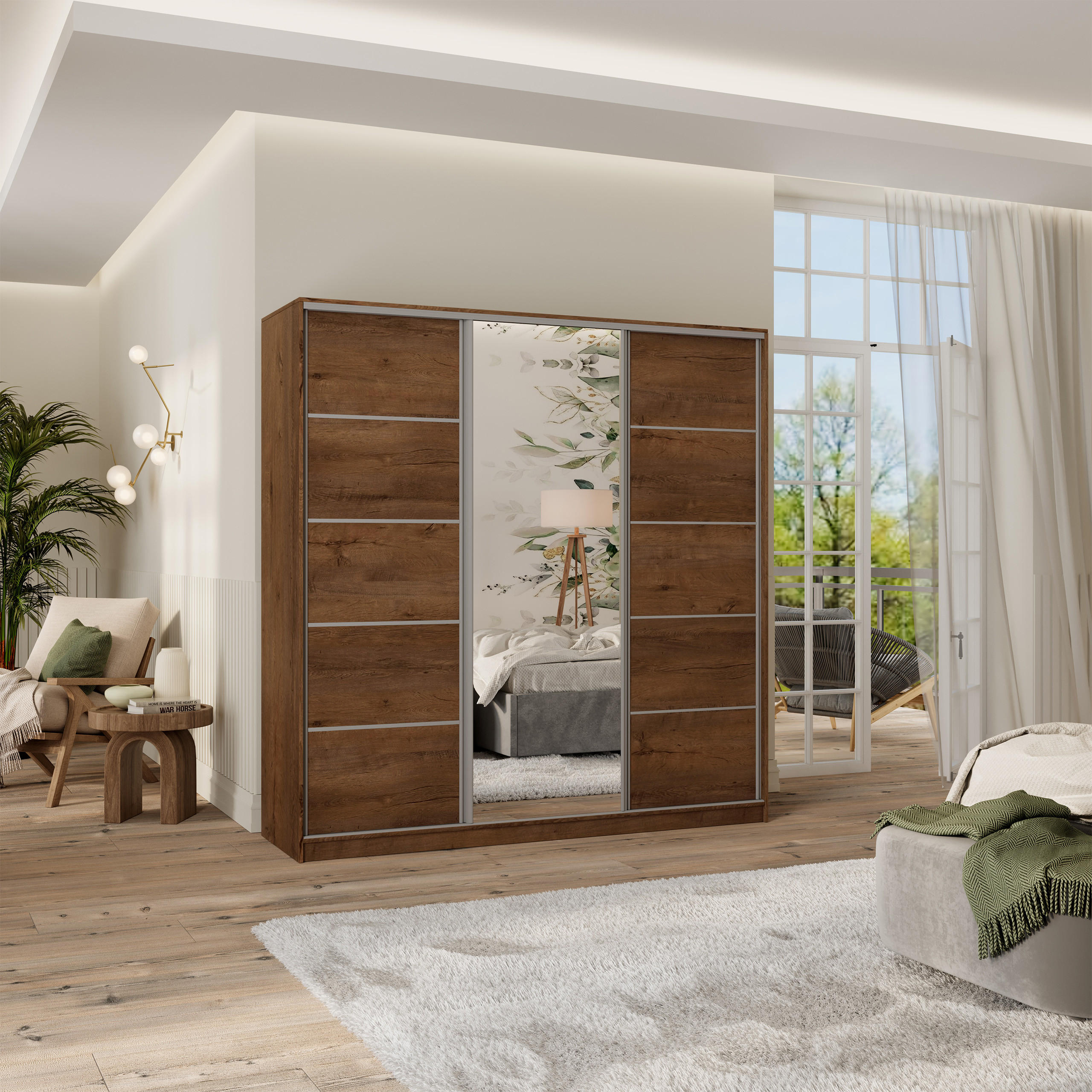 SCHWEBETÜRENSCHRANK PINA 180/205/58 cm 3-türig mit Spiegel und Schubladen Eiche Lefkas - Eichefarben/Silberfarben, Holzwerkstoff (180/205/58cm) - MASSENO