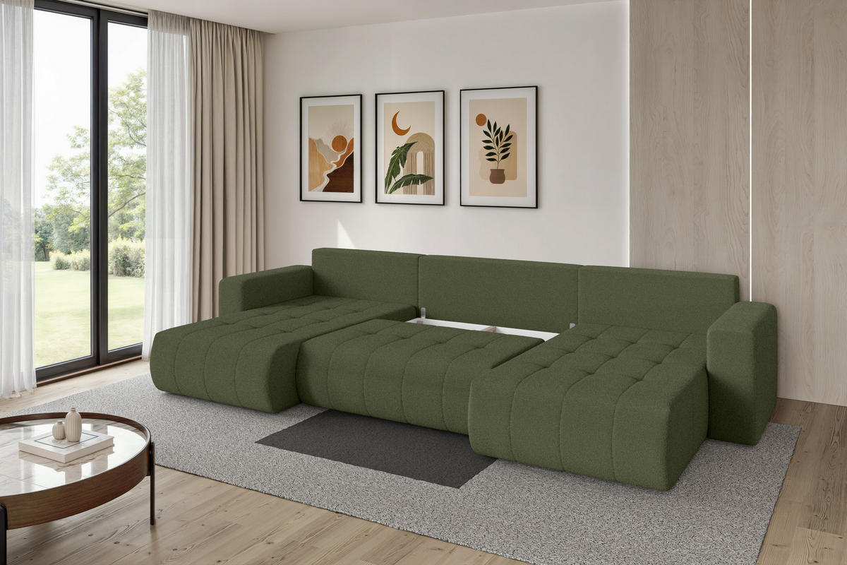 SEDACÍ SOUPRAVA DO U s funkcí spaní a úložným prostorem MILA-U 378x194x86 zelená bouclé - černá/zelená barva, kompozitní dřevo/textil (378/86/194cm) - ALTDECOR