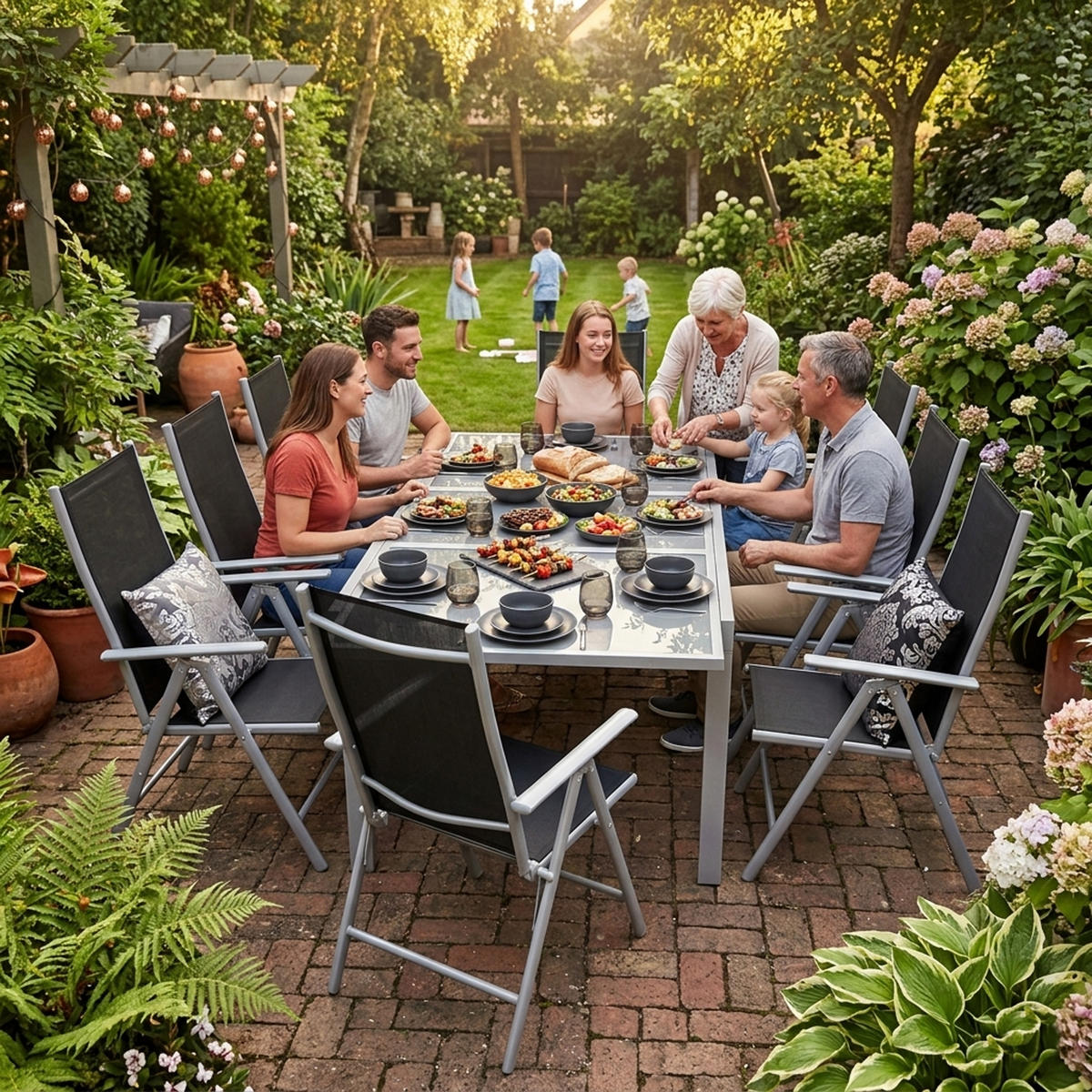 GARTEN-GARNITUR Ashford - 9-teilige Garten-Essgruppe (8x Klappsessel mit Aluminiumgestell grau, Bespannung Textilene schwarz - Schwarz, Metall - TPFGarden