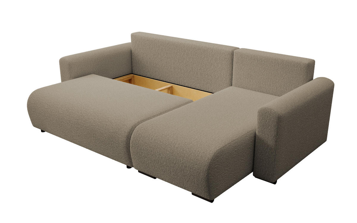ECKSOFA DORA L, Eckcouch in L-Form mit Schlaffunktion und Bettkasten, Farbe: Hellbraun, Bouclé-Stoff, Ottomane Rechts - Hellbraun, Textil (240/143cm) - Storez24