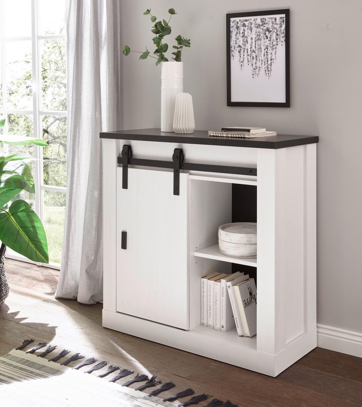 AKTENSCHRANK weiß Pinie, anthrazit Landhaus, Büro Kommode 93 x 91 cm - Anthrazit/Weiß, Holzwerkstoff/Metall (165/76/60cm) - Furn.Design