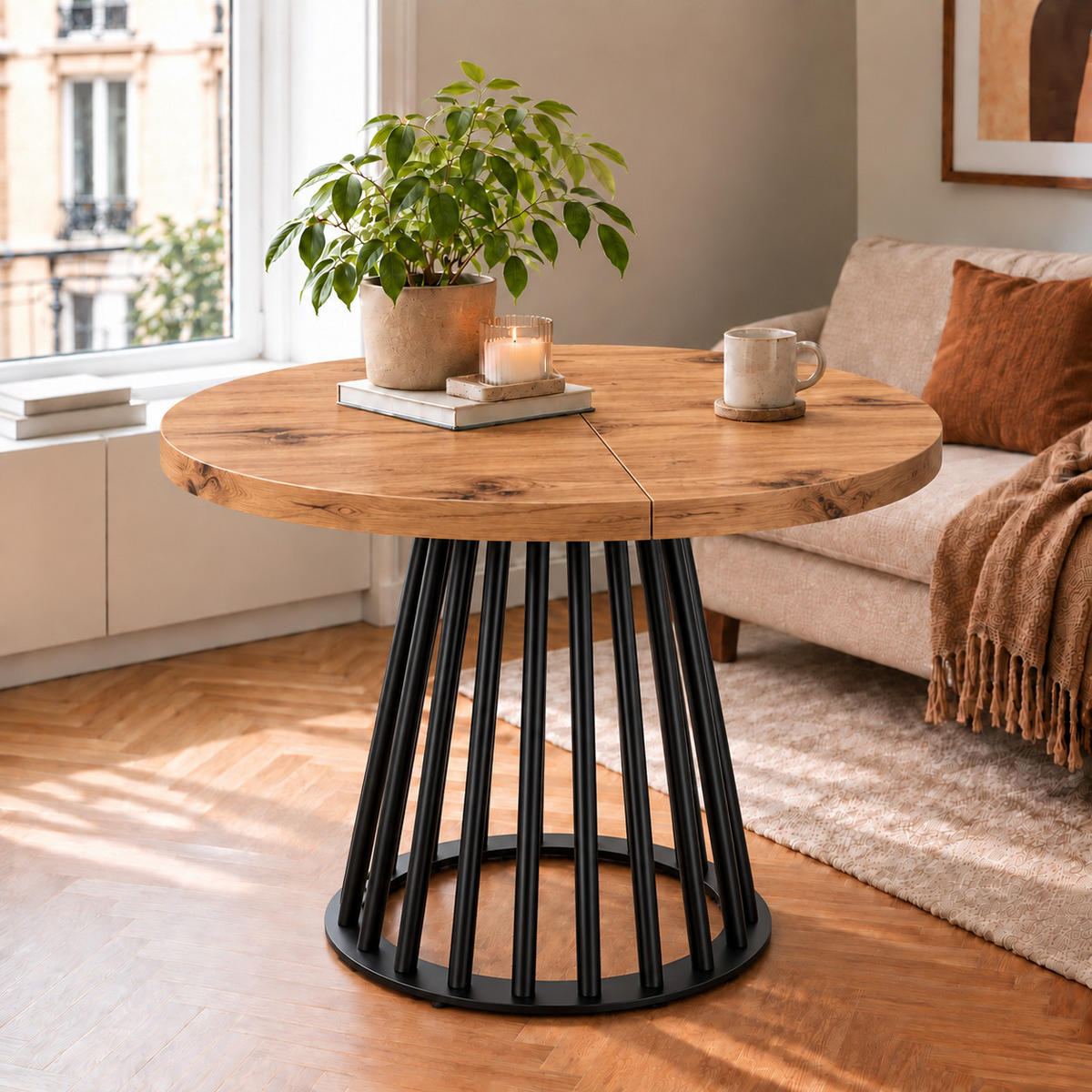 ESSTISCH rund ausziehbar 90/190/76 cm, Eiche Craft, 54 cm Tischplatte + Lamellen-Metallgestell Schwarz - Eichefarben/Schwarz, Holzwerkstoff/Metall (90/190/76cm) - Damale Möbel