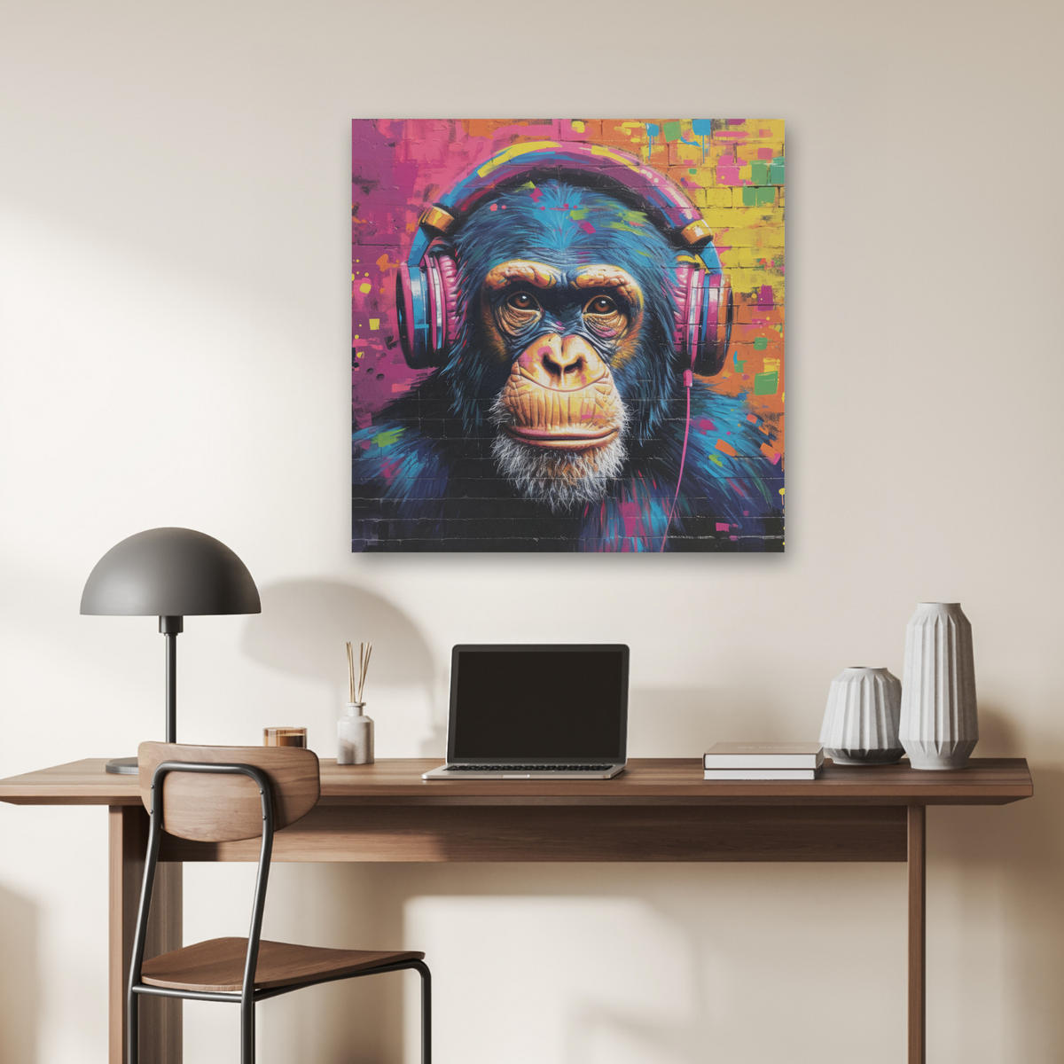 AKUSTIKBILD Graffiti - Schimpanse - Straßenkunst - Kopfhörer - Affe Akustikpaneele 80x80 cm - Blau, Kunststoff (80/80/0.9cm) - MuchoWow