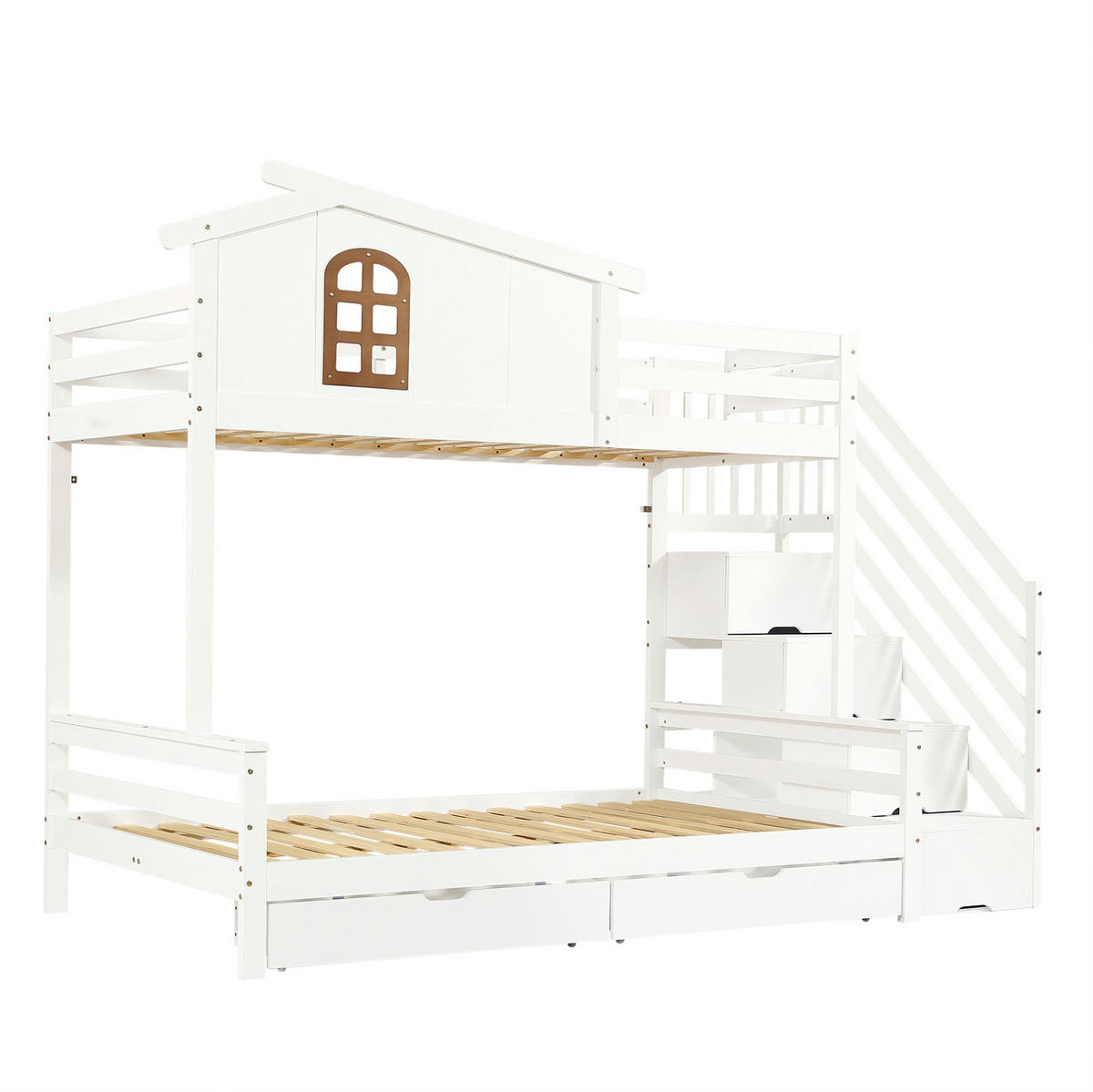 ETAGENBETT 90/200 cm & 120/200 cm mit 2 Schubladen, Eck-Leiterschrank und Fenstern, Weiß/Natur - Weiß, Holzwerkstoff (90/200cm) - Redom