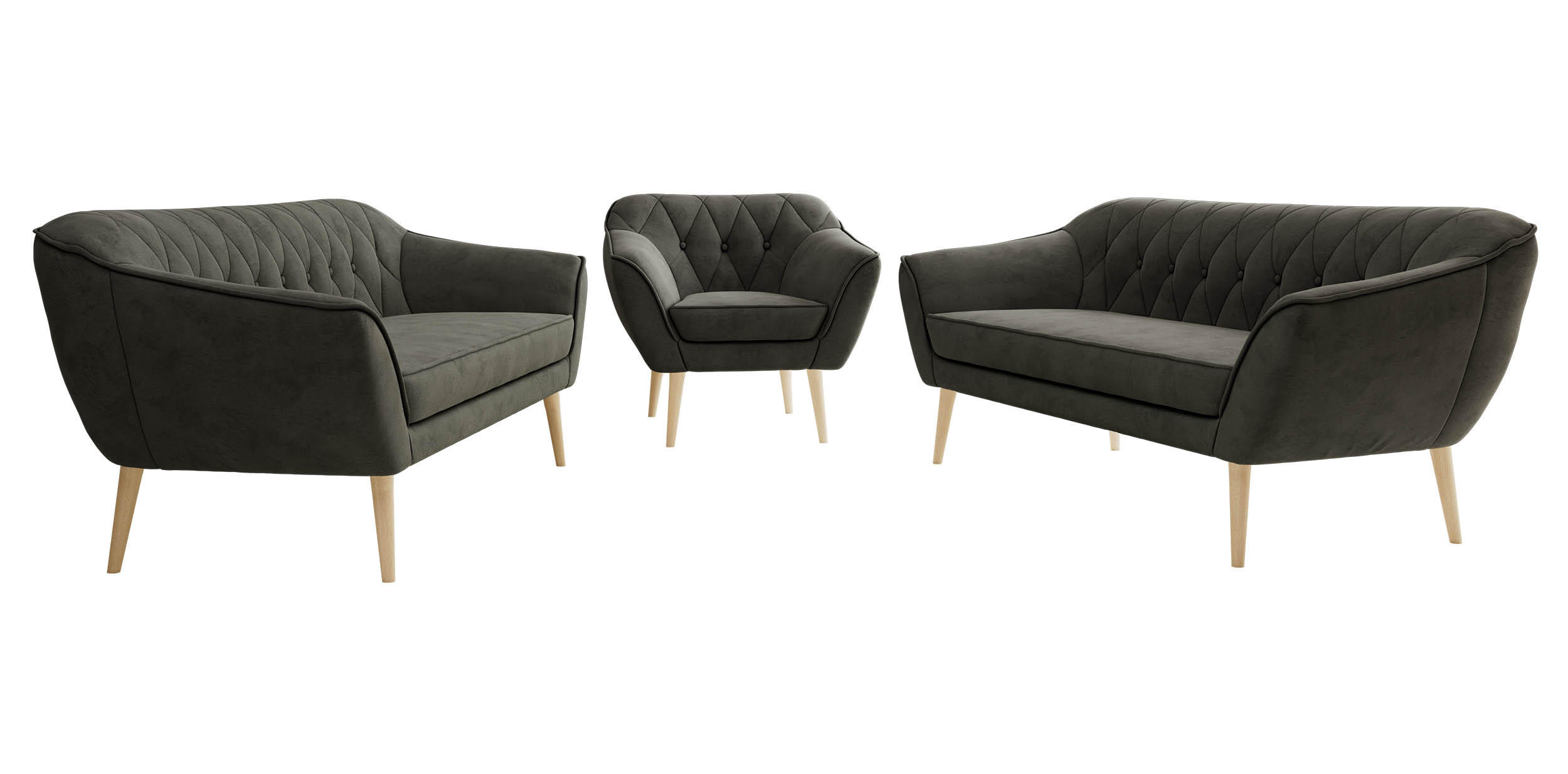 SEDACÍ SOUPRAVA 3+3+1 PIRS - Tmavě šedá Samet - Dřevěné nohy - tmavě šedá/barva buku, kompozitní dřevo/textil (180/75/74cm) - MKS