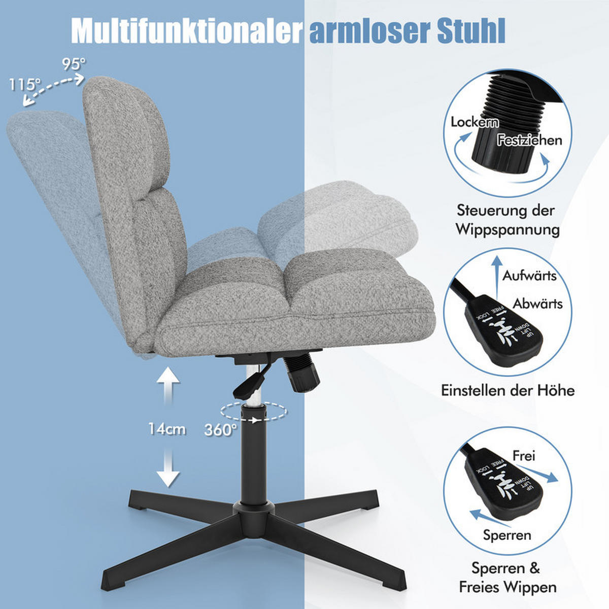 BÜROSTUHL Grau - Grau, Metall (73/78/64cm) - COSTWAY