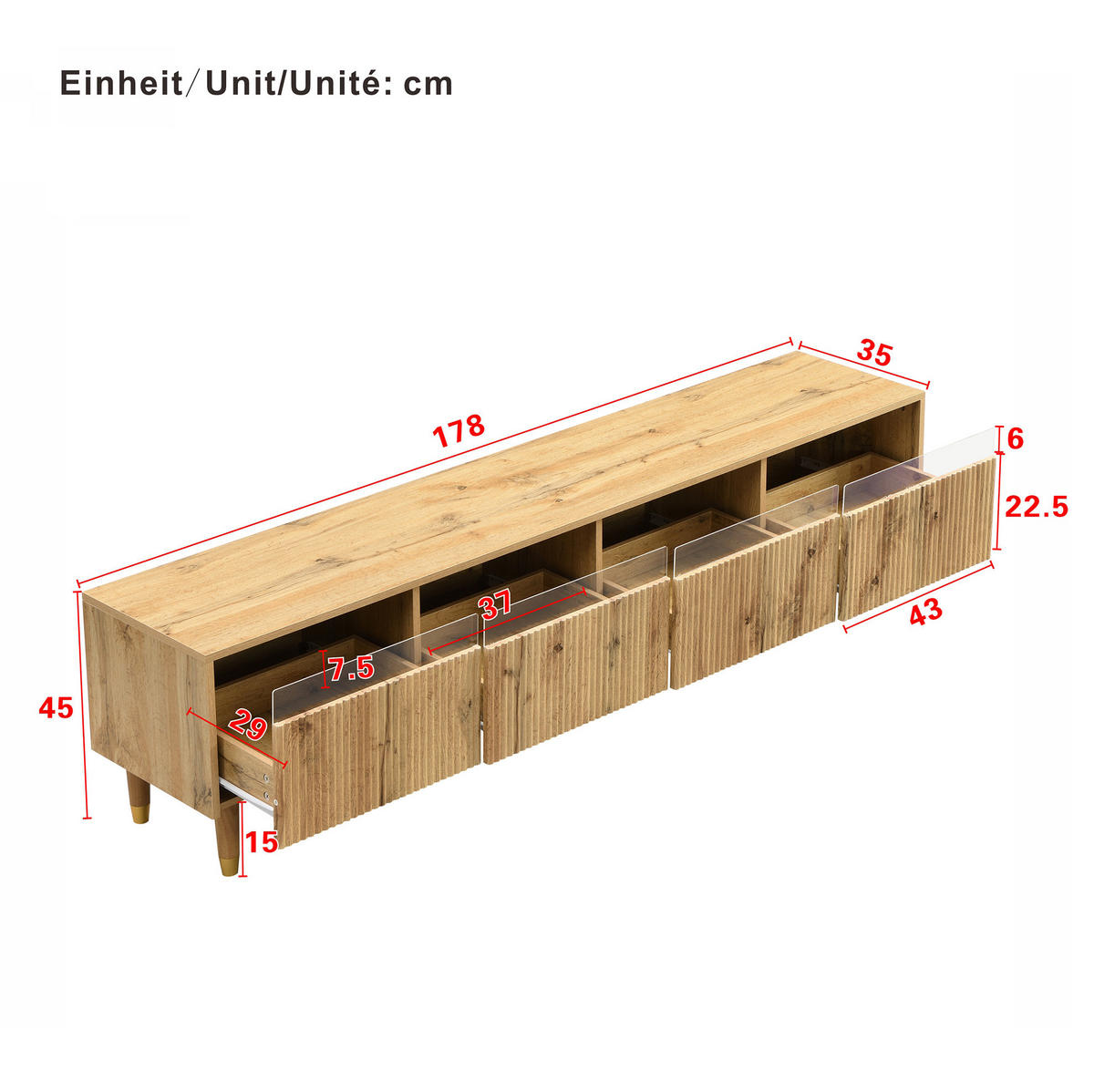 LOWBOARD 178/35/45 cm aus MDF mit 4 Schubladen und Kabeldurchführungen Holzfarbe - Naturfarben, Holzwerkstoff (178/45/35cm) - Modenvie