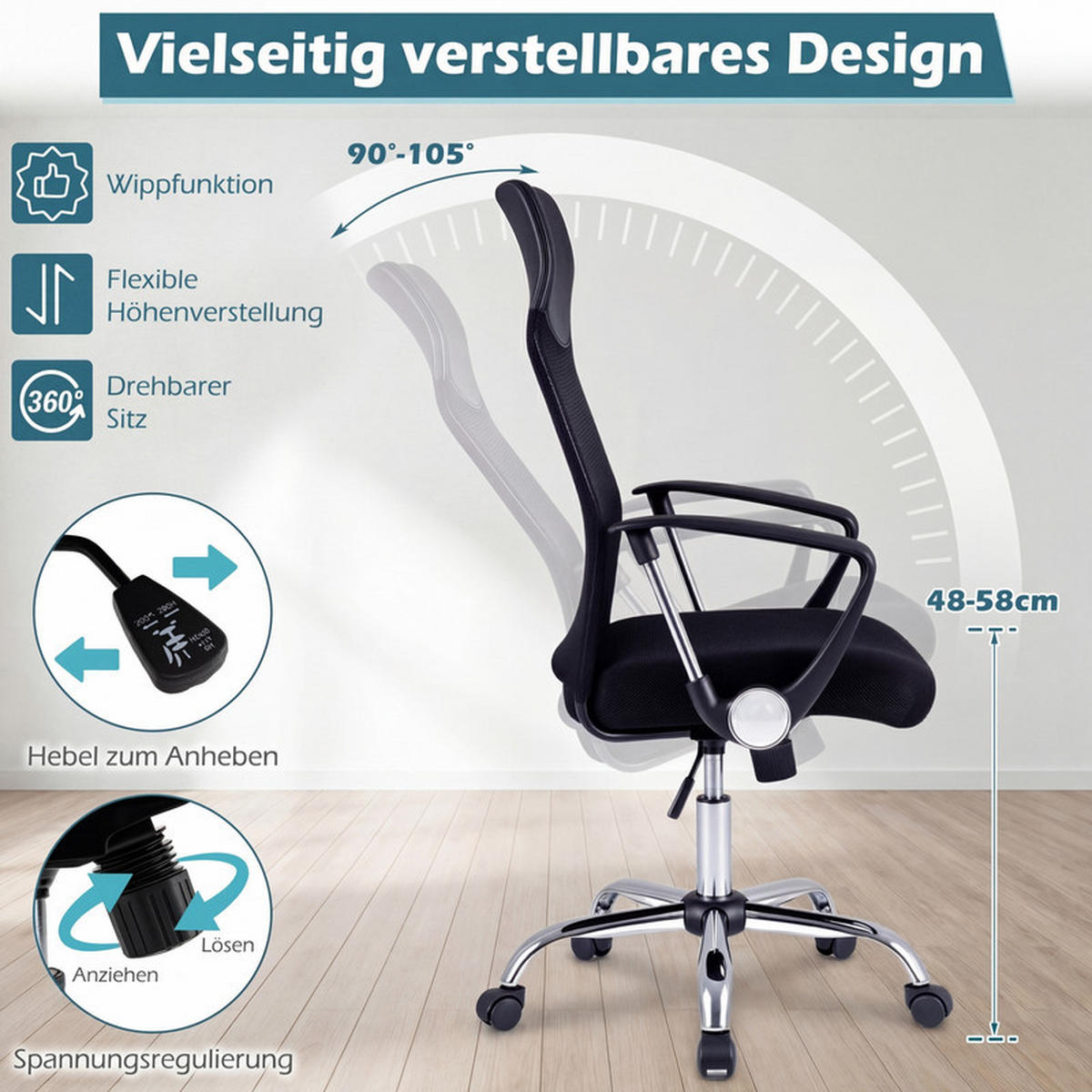 BÜROSTUHL höhenverstellbar mit Wippfunktion schwarz - Schwarz, Metall (59/112/59.5cm) - COSTWAY