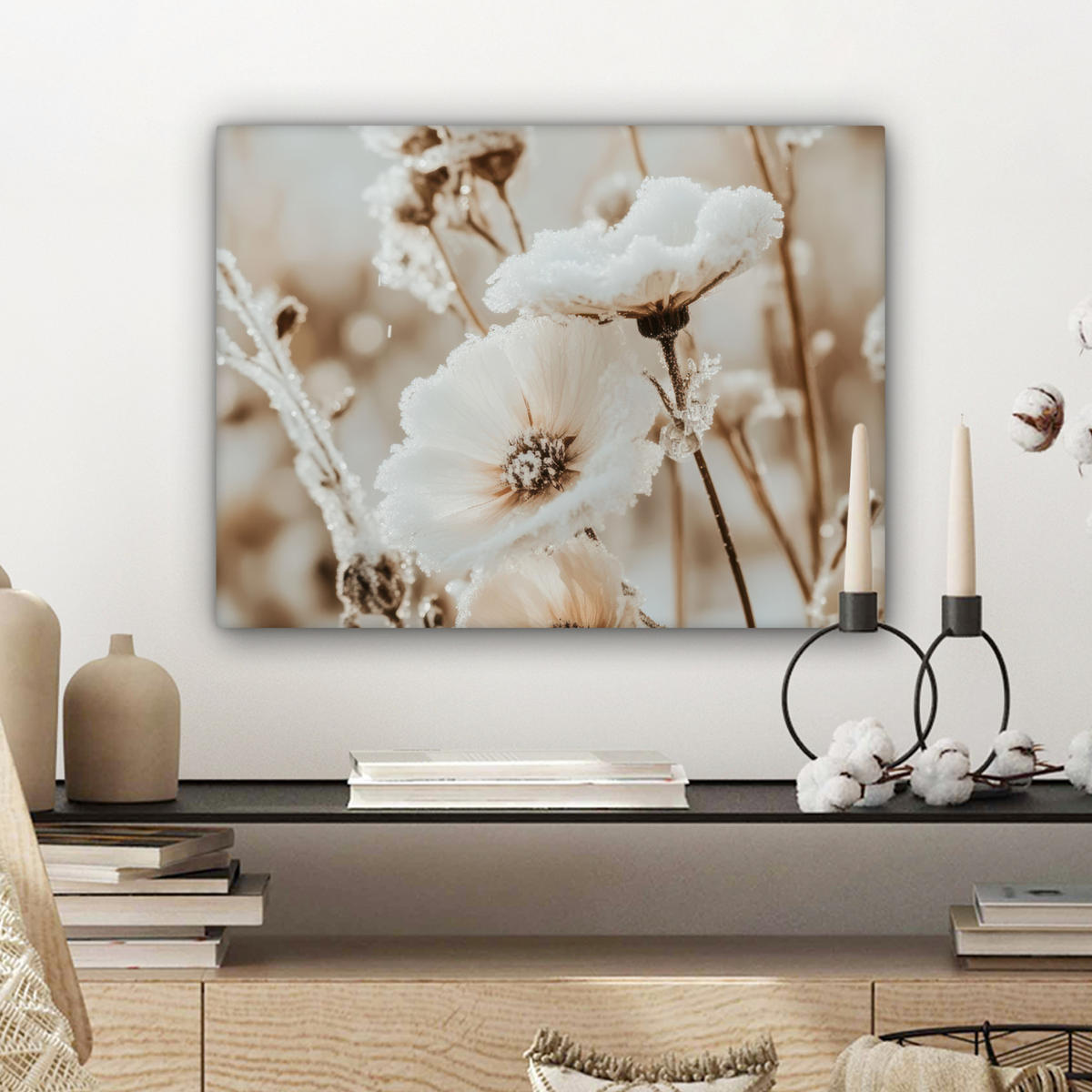LEINWANDBILD Blumen - Winter - Weiß - Schnee - Beige 40x30 cm - Creme, Textil (40/30cm) - MuchoWow