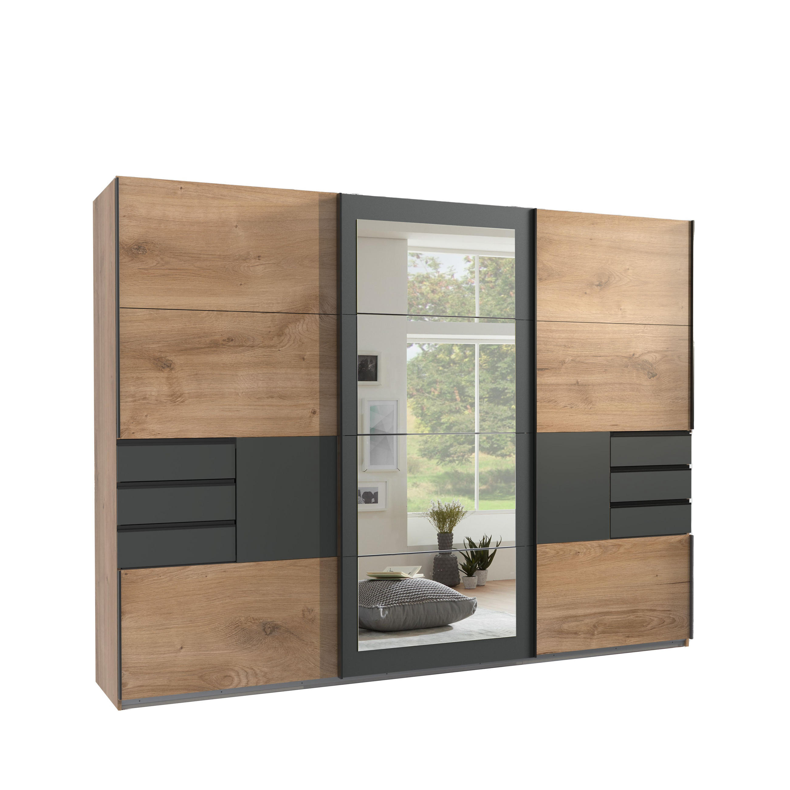 SCHWEBETÜRENSCHRANK 3-türig B270/H208/64 cm in Eiche Dekor mit Absetzungen in Grafit, Spiegel & Schubladen, Kleiderschrank inkl. Vollausst. / 22503 - Blau/Eichefarben, Holzwerkstoff/Metall (270/208/64cm) - luma-home