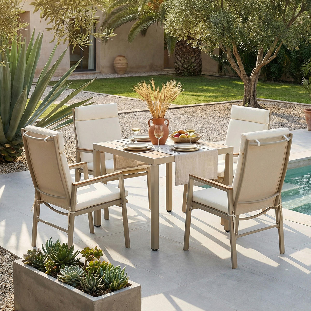 GARTEN Essgruppe 4-Sitzer 84×84×74.5 cm mit WPC Tisch, beige - Beige, Textil