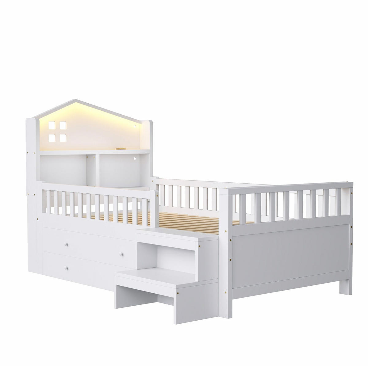 KINDERBETT mit 4 Schubladen 90x200 cm Weiß mit LED und Ladeanschlüssen - Weiß, Holzwerkstoff (90/200cm) - Beauniv