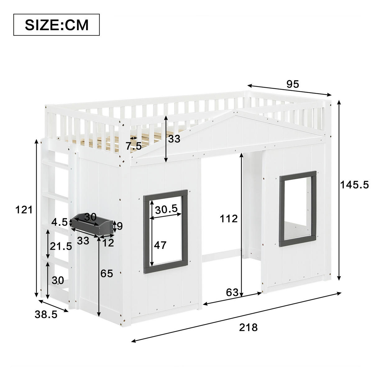 PATROVÁ postel z masivu a MDF 90x200 cm bílá a šedá se schůdky, okny a ochrannou zábranou - bílá, kompozitní dřevo (90/200cm) - Modfu