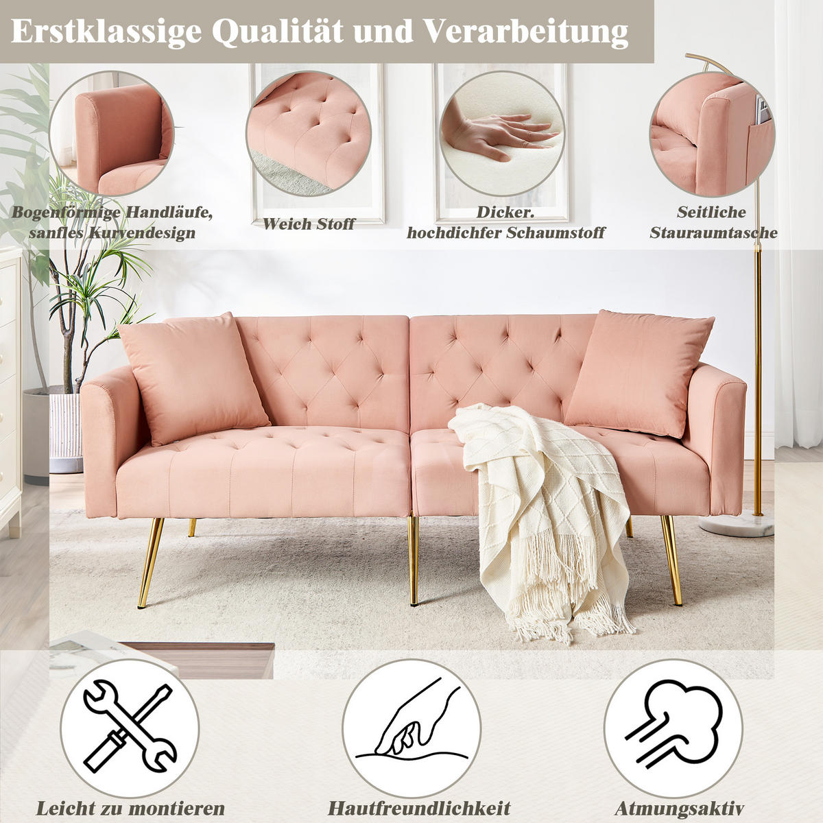 SCHLAFSOFA 177/78/74 cm in Pink Samt mit Aufbewahrungstasche - Rosa, Textil (78/74/177cm) - Oxeza