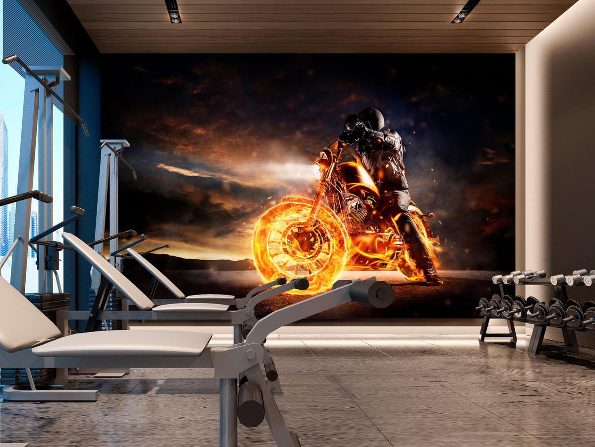 FOTOTAPETE für Jugendzimmer Mann Brennenden Motorrad Sport Nacht 500x350 - Schwarz/Orange, Papier (500/350cm) - Muralo