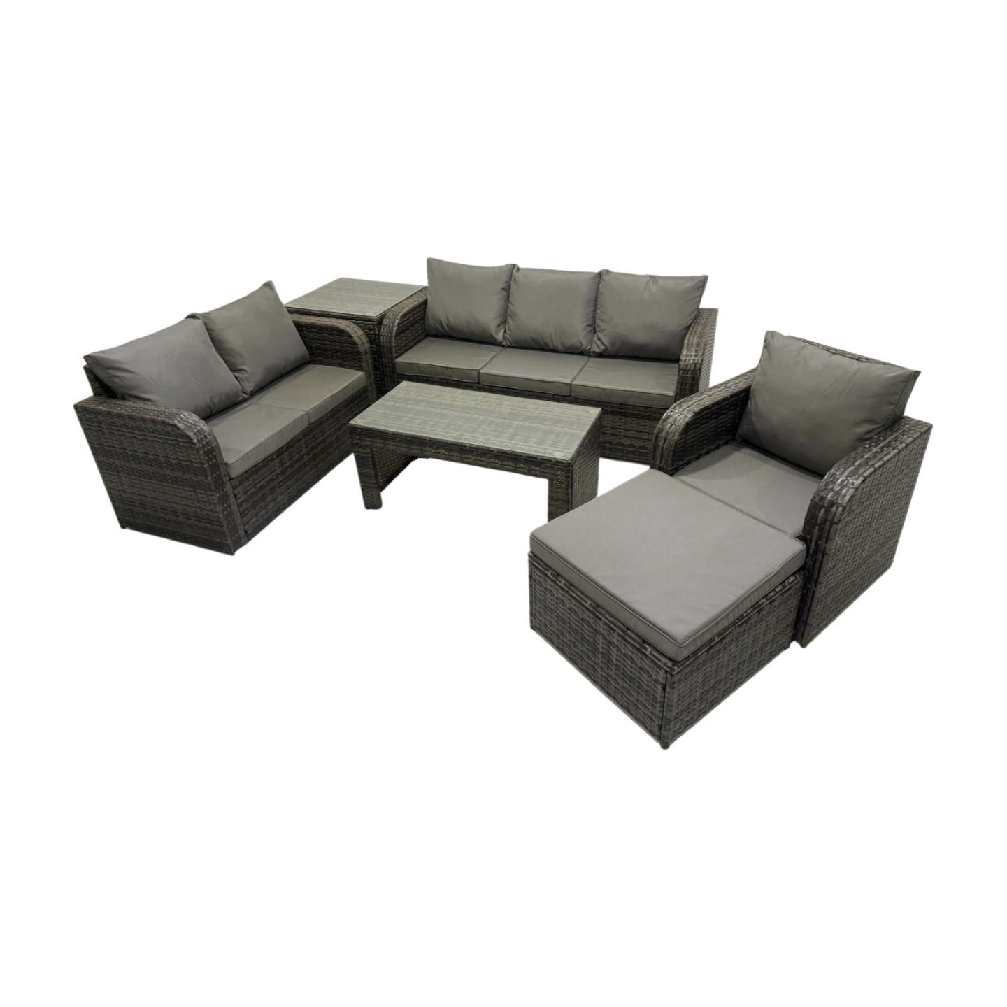 GARTENSOFA SET mit rechteckigem COUCHTISCH Polyrattan 7-Sitzer Dunkelgrau - Dunkelgrau/Grau, Glas/Kunststoff - Fimous