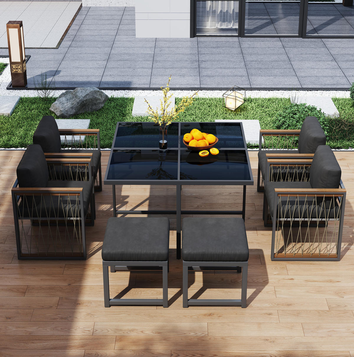 GARTEN-ESSGRUPPE 7-tlg. mit Tisch 117x117 cm Schwarz/Natur - Schwarz, Metall - Beauniv