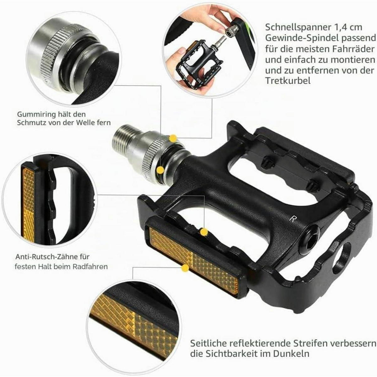 FAHRRADPEDALE MTB Plattformpedale mit Schnellverschluss und Reflektoren - Schwarz, Metall (8/1.5/8.7cm)