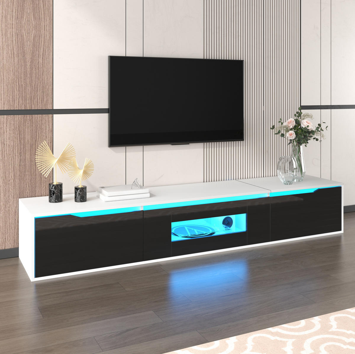 TV-SCHRANK aus Holzwerkstoff 180x35x30 cm Weiß/Schwarz mit LED-Beleuchtung und geriffelten Türen - Schwarz, Holzwerkstoff (180/35/30cm) - Modfu