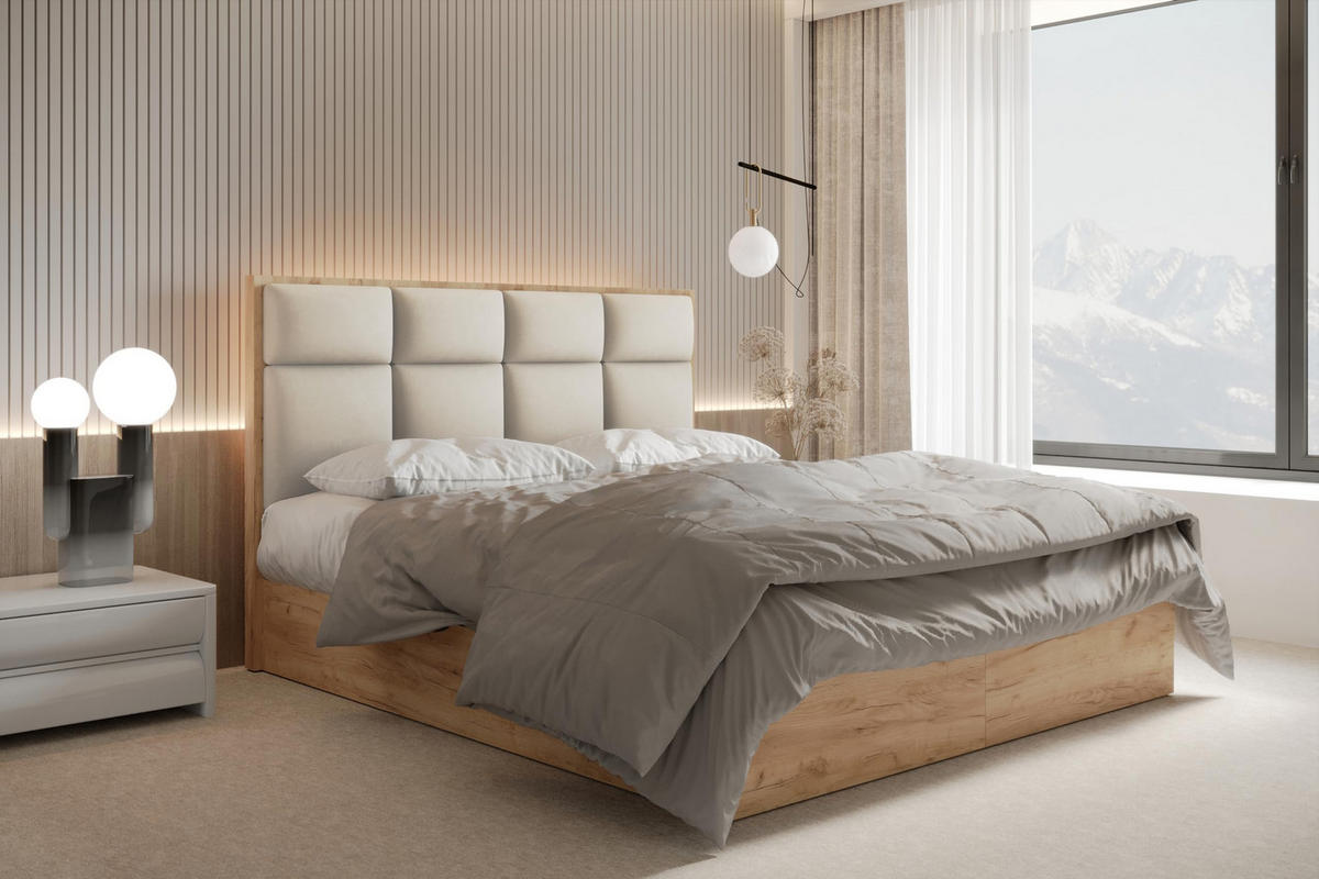 BOXBETT 140 x 200 cm mit Bettkasten und Taschenmatratze H3, SELVA mit Topper 5 cm und Holzelemente, Weiß - Weiß, Holzwerkstoff/Kunststoff (140/200cm) - Trada