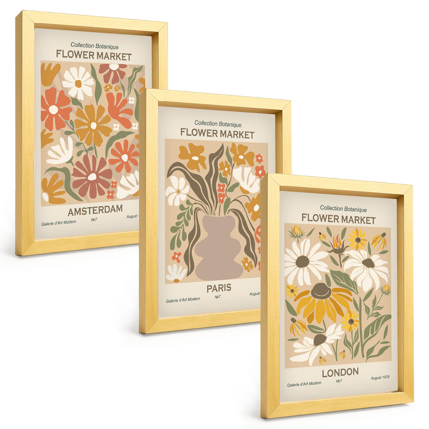 BILDER SET 3er Set - 20x30 cm Goldrahmen - Blumenmuster Amsterdam Paris London - Goldfarben, Kunststoff (20/30cm) - TULUP