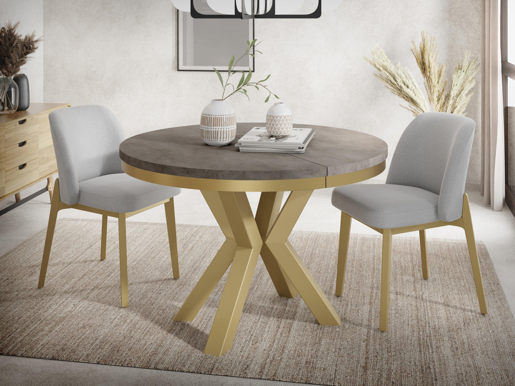 ESSTISCH Clara Gold runder ausziehbarer, Dunkelgrauer Chicago Beton 100-180/100/76 cm - Dunkelgrau/Goldfarben, Holzwerkstoff/Metall (100/100/76cm) - WFL GROUP