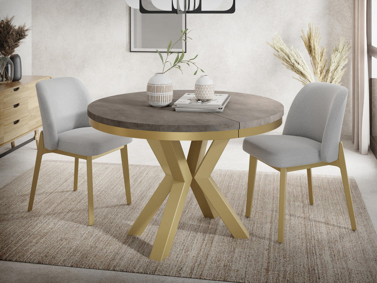 ESSTISCH Clara Gold runder ausziehbarer, Dunkelgrauer Chicago Beton 120-200/120/76 cm - Dunkelgrau/Goldfarben, Holzwerkstoff/Metall (120/120/76cm) - WFL GROUP