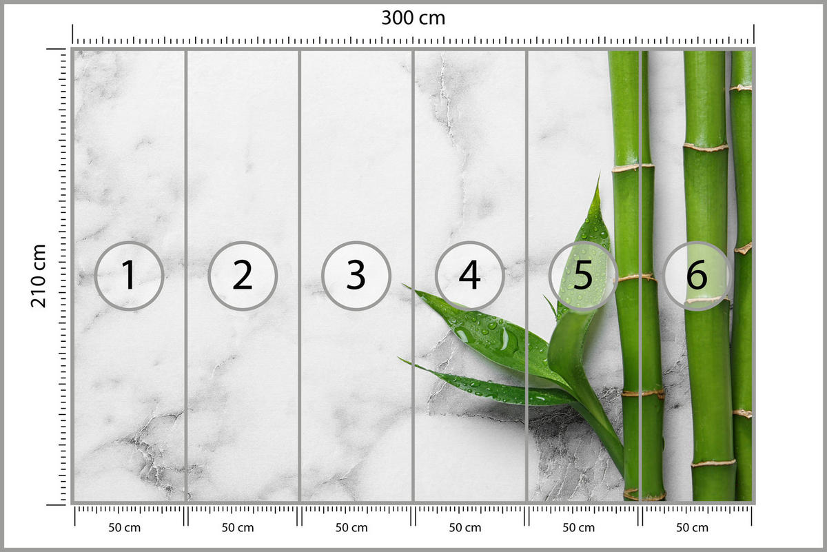 FOTOTAPETE für Küche Bambusblätter Grauer Marmor Exotisch Elegant 300x210 - Weiß/Grau, Papier (300/210cm) - Muralo