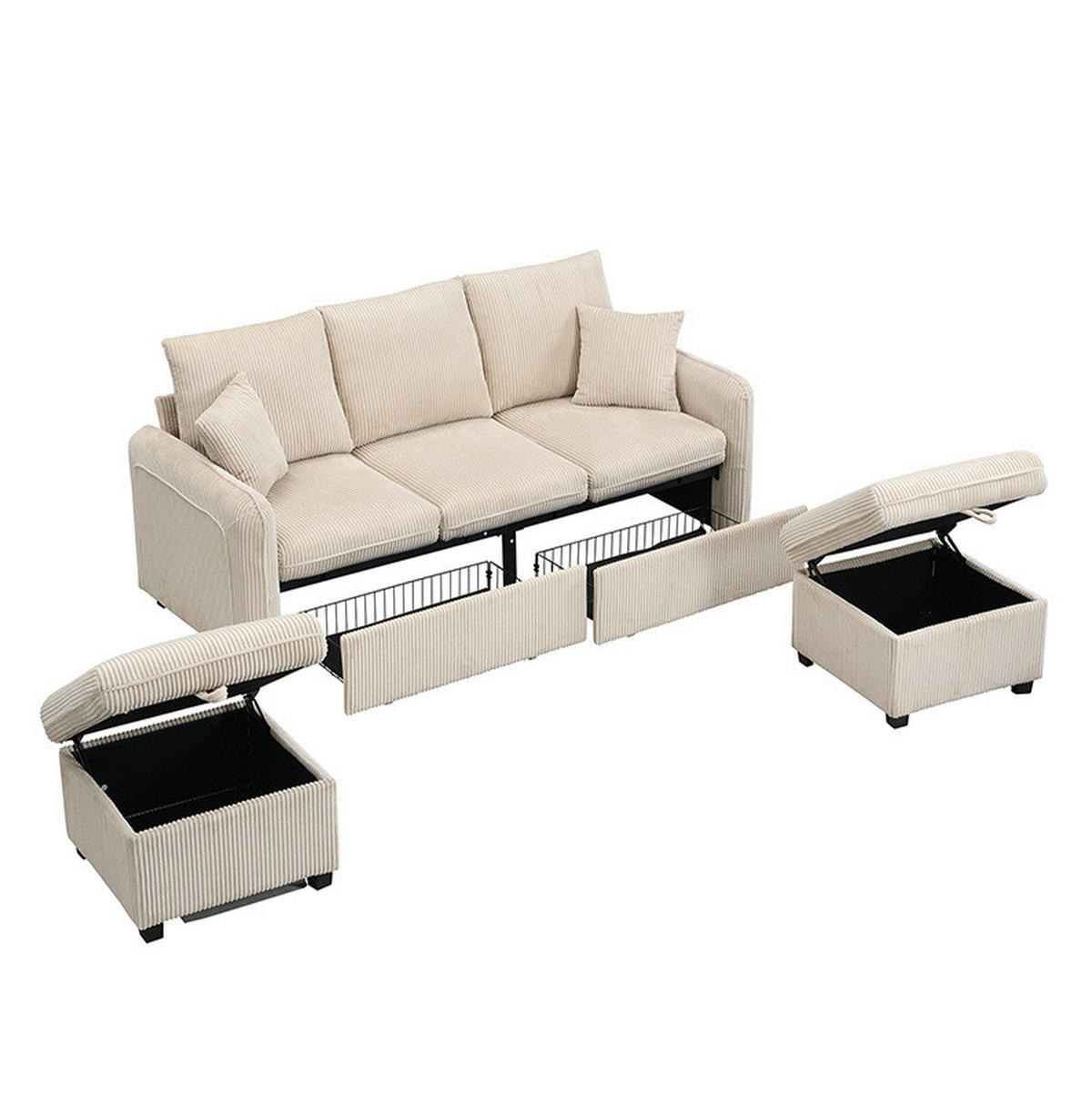 SCHLAFSOFA aus Cord-Stoff mit 2 Hockern 52x52 cm Beige mit Stauraum, Schlaffunktion und modularer Nutzung - Beige, Kunststoff (186/86/188cm) - Modfu