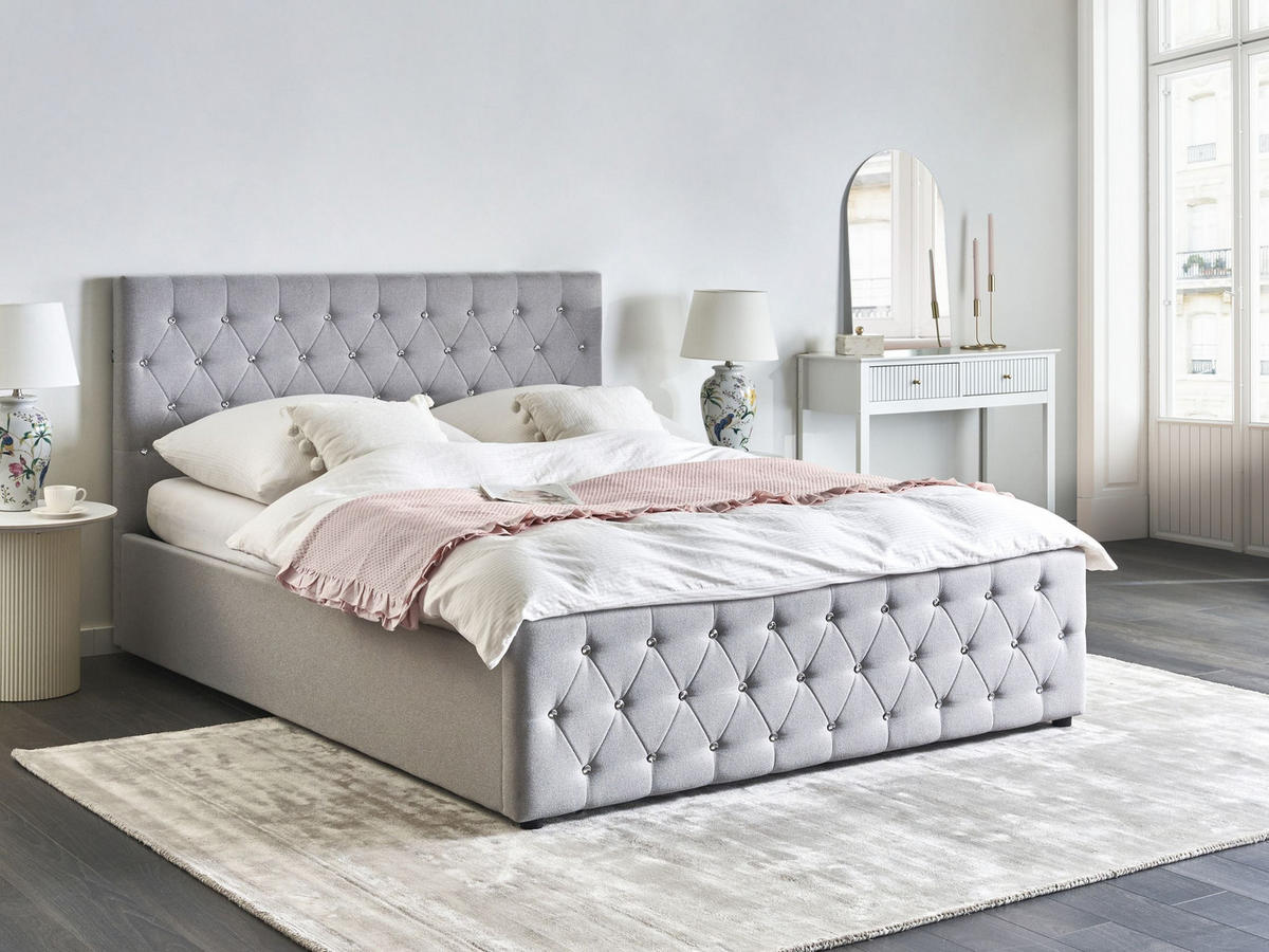 BETT mit Stauraum 160/200 cm Stoff Hellgrau Amiens - Hellgrau, Textil (160/200cm) - Beliani