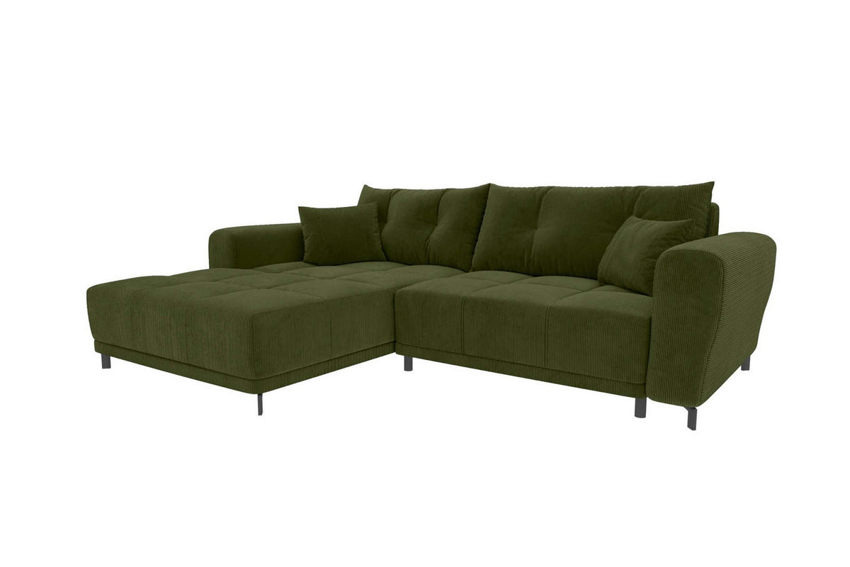 ECKSOFA Massimo Cordstoff Olivgrün inkl. Schlaffunktion Links - Schwarz/Olivgrün, Textil/Metall (246/177cm) - 99rooms