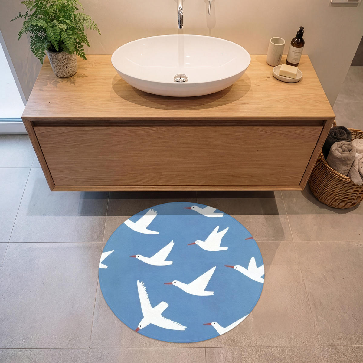 BADEMATTE Vögel - Weiß - Muster 70x70 cm - Blau, Kunststoff/Textil (70/70cm)