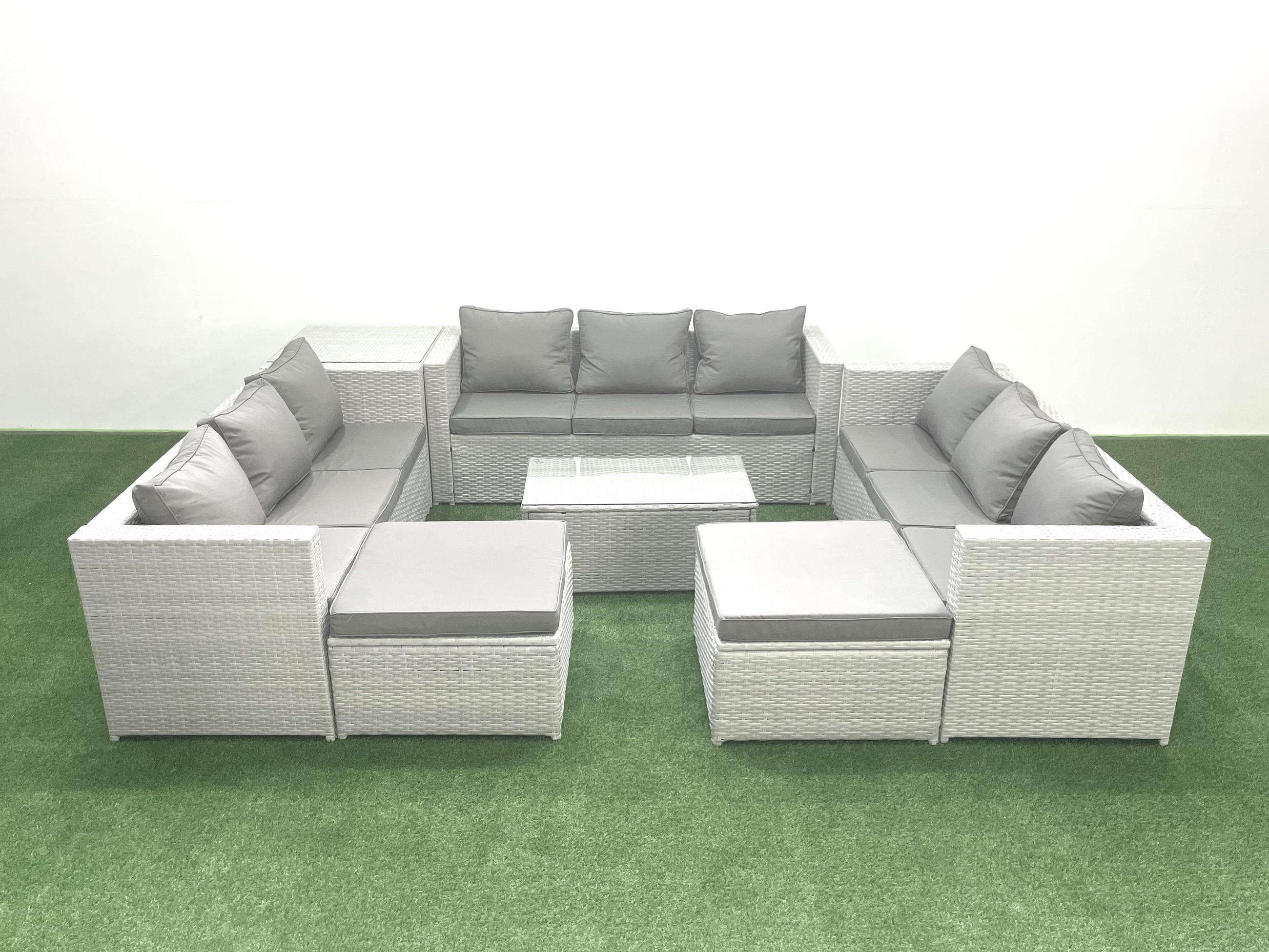 GARTENSET mit 3-SITZER SOFA,COUCHTISCH Polyrattan Hellgrau-Mix 11-Sitzer - Hellgrau/Grau, Glas/Kunststoff - Fimous