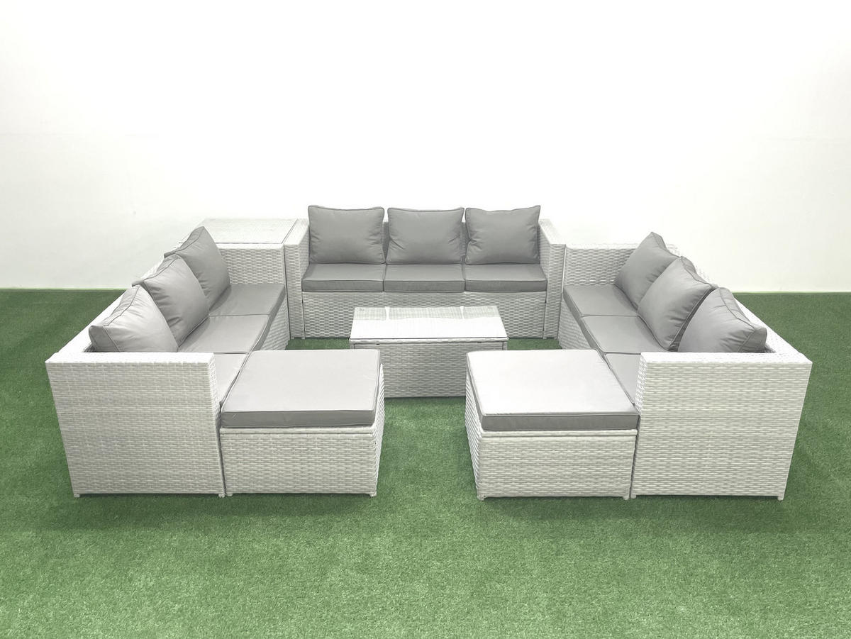 GARTENSET mit 3-SITZER SOFA,COUCHTISCH Polyrattan Hellgrau-Mix 11-Sitzer - Hellgrau/Grau, Glas/Kunststoff - Fimous