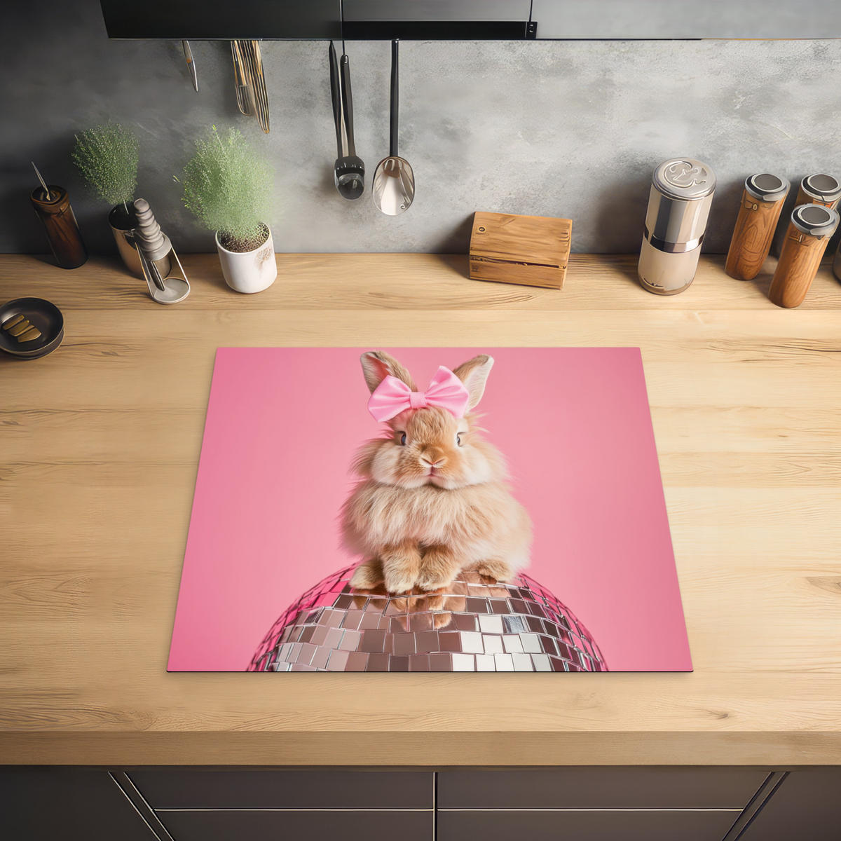 HERDABDECKPLATTE Schleife - Discoball - Kaninchen Abdeckung Ceranfeld 59x51 cm - Pink, Kunststoff (59/51/0.2cm) - MuchoWow