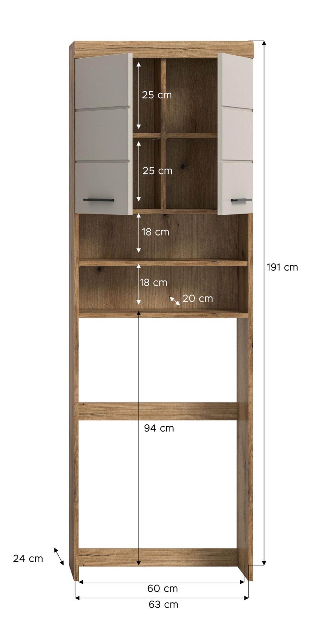 WASCHMASCHINENSCHRANK in Sand, Eiche matt 63 x 191 cm, Waschmaschinen Überbau mit viel Stauraum - Sandfarben/Kastanienfarben, Holzwerkstoff/Kunststoff (63/191/24cm) - Inn.Furn