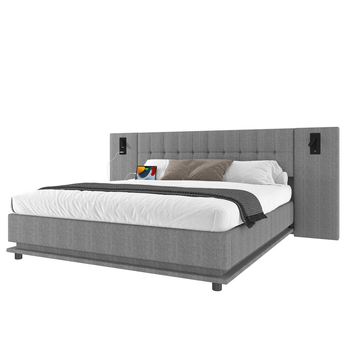 ČALOUNĚNÁ postel s LED páskem, 180/200 cm šedá, s USB a světlem v čele - šedá, textil (180/200cm) - BEAOK