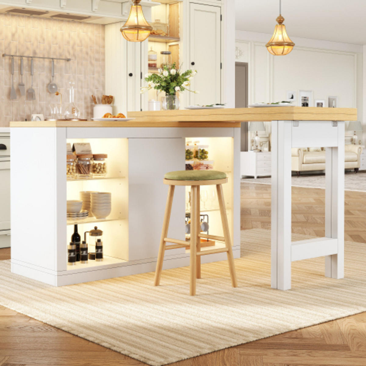 KÜCHENINSEL 120-197×40×72 cm aus MDF und Metall mit 360° drehbarer ausziehbarer Tischplatte, weiß - Weiß, Holzwerkstoff (197/72/40cm) - Luhomfu